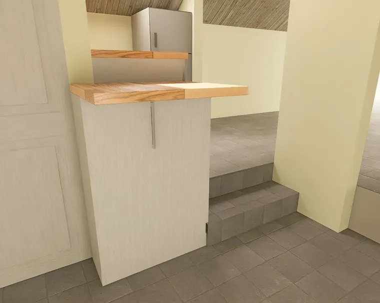 Render de cocina a medida: detalle de la cubierta de madera y los cajones